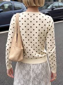 Soft Knit Cream White Polka Dot Cardigan Sweater Women Button Long Sleeve Short Jacket French Elegant Vacation Daily Wear - Apricot - View 5