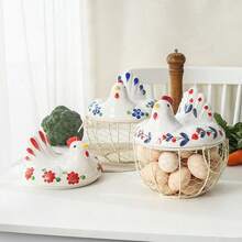 Cesta Metálica para Almacenar Huevos con Tapa Cerámica Decorativa, Capacidad 24 Unidades, Organizador para Encimera de Cocina - Multicolor - Ver 1