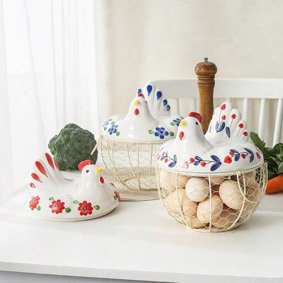 Cesta Metálica para Almacenar Huevos con Tapa Cerámica Decorativa, Capacidad 24 Unidades, Organizador para Encimera de Cocina - Multicolor - Ver 1