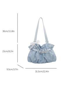 Tote Bag With Fresh Polka Dot Print, Textured Pleated Body, Pearl Lace Bow Pendant, Belt Buckle Gathered Design, Ruffle Hem, Suitable For Carrying Small Personal Items, Ideal For Daily Work, Commute, Campus, Short Trips - Blue - View 2