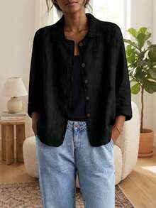 Jisfaneya Solid Color Mandarin Collar Black Jacket, Casual Multipurpose Lightweight Spring/Summer Outerwear - Black - View 2