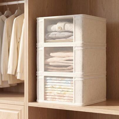 Juego de 4 piezas de cajas de almacenamiento de lino, múltiples tamaños disponibles, diseño plano con ventana transparente, doble cremallera plegable, bolsa organizadora para ropa de cama, sábanas y fundas de edredón, apto para armario, dormitorio, almacenamiento de juego de 4 piezas de ropa de cama, clasificación de sábanas y fundas de edredón, organización estacional