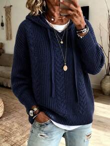 Plus Size Women's Navy Blue Cable Knit Hooded Drawstring Drop Shoulder Long Sleeve Pullover Sweater, Autumn/Winter - Royal Blue - View 4
