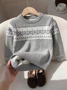 Boys' Knitted Colorblock Plaid Jacquard Crew Neck Pullover Sweater Long Sleeve Autumn Winter - Grey - View 3