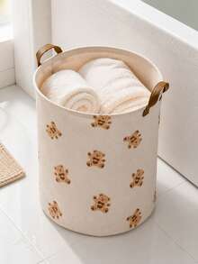 Bear Pattern Printed Foldable Laundry Basket With Laundry Clips, Home Clothing Storage Bin, Breathable Fabric Dirty Clothes Basket, Bedding Clips, Suitable For Bathroom And Bedroom - Multicolor - View 1
