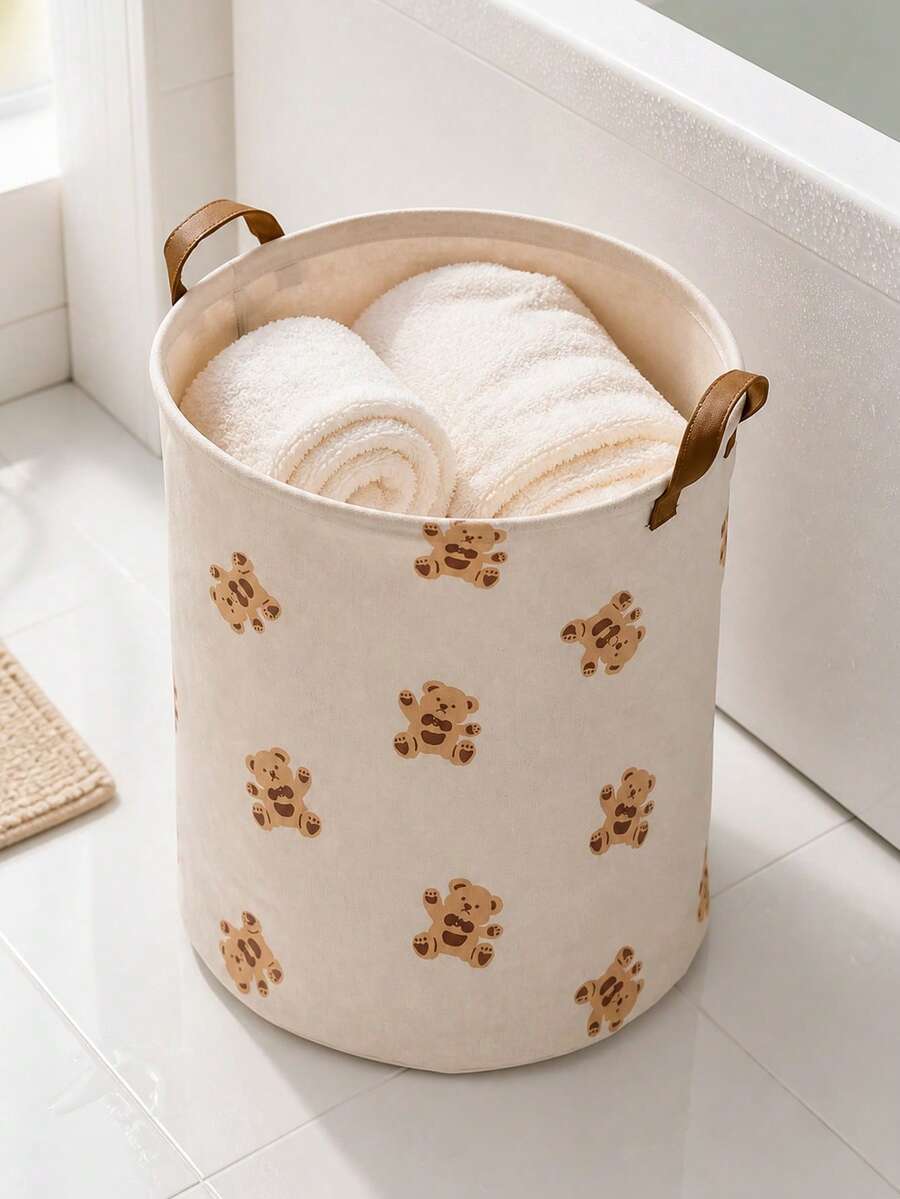 Bear Pattern Printed Foldable Laundry Basket With Laundry Clips, Home Clothing Storage Bin, Breathable Fabric Dirty Clothes Basket, Bedding Clips, Suitable For Bathroom And Bedroom - Multicolor - View 1