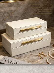 2pcs Large And Small Litchi Texture PU Leather Jewelry Box With Lid, Cream White Rectangular, Matte Gold Zinc Alloy Bar Handle, Luxury Jewelry Storage Box, Vanity Bedroom Room Decor Holiday Gift - Off White - View 2