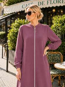 Women's Full-Length Zip Front Abaya – Stand Collar Long Sleeve Modest Maxi Dress With Elastic - Pink - View 5