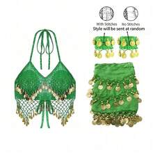 1 Set Handmade Sequin Beaded Tassel Camisole Bra With Multicolor Metallic Fabric Glitter Sequin Waist Belt Skirt Belly Dance Costume Stage Carnival Performance Outfit. Suitable For Party, Beach, Bohemian Vintage Style. - Multicolor - View 12