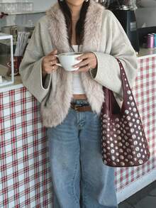 Faux Fur Collar Loose Wool Coat, Casual Stylish Daily Home Streetwear Jacket, Faux Fur Winter Style - Apricot - View 3