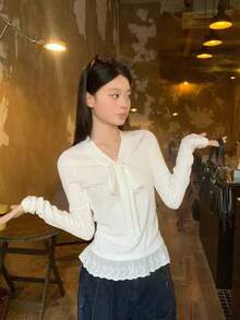 女款蝴蝶結蕾絲飾邊長袖T恤，韓系新風層次感上衣 - 白色 - 查看 7