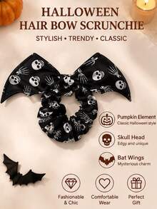 1pc Halloween Large Bat Wing Headband With Scary Pumpkin Bat Tombstone Pattern Witch Spider Web Print Hip-Hop Style Big Round Design, Soft Comfortable Fashionable Styling For Back Bun High Ponytail Medium Long Hair Tie, Suitable For Halloween Party And Holiday Gift Multi-Functional Accessory - Multicolor - View 2
