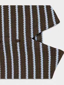 Women's Striped Textured Slim Fit Knit Cardigan, Vintage Casual Style, Round Neck Single-Breasted Hem Slit Waist-Cinching Long Sleeve Top, Suitable For Early Autumn Commute, Street, Daily Wear - Blue-brown Stripes - View 6