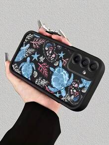 1pc Blue Sea Turtle Coral Print Pattern Phone Case, Black Edge Leather Frame Shockproof Soft TPU Protective Cover, Compatible With GALAXY, HONOR, Phones - White - View 5