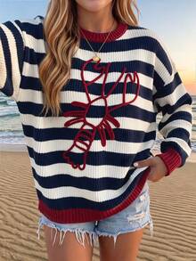 Sweater Pullover Wanita Bergaris Motif Lobster Gaya Preppy, Atasan Rajut Lengan Panjang Potongan Reguler dengan Kerah Bulat - MultiWarna - View 2