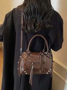 Handbag With Rivet And Tassel Decor, Handheld Or Crossbody, Zipper Closure, Sweet & Cool Y2K Style, Pillow Bag, Daily Commute And Date, Large Capacity Multi-Compartment Design, And Unique, Matches Various Outfits, Eye-Catching Look, Meets Daily Storage Needs, Creates Atmospheric Outfit - Brown - View 7
