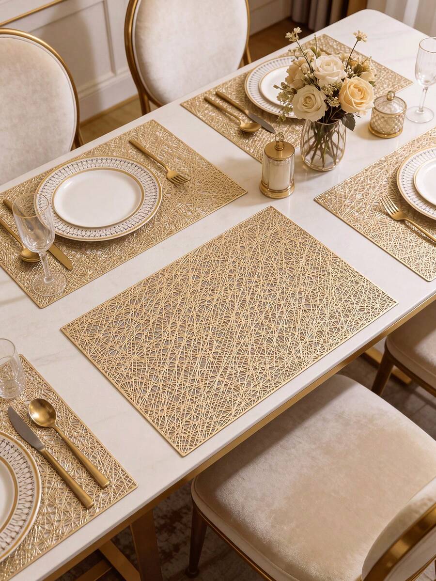 1-12pcs Gold Interwoven Mesh PVC Placemats, Modern Minimalist PVC Rectangular Hollow Easy-To-Clean Table Mats, Suitable For Daily Home Use, Birthday Parties - Multicolor - View 1