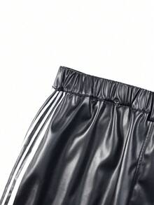 Men's Retro Street Style Wide Leg Pants With Side Vertical Stripes, Black PU Drape Straight Leg Long Pants, Autumn/Winter - Black - View 4