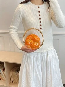女款圓形硬殼晚宴手拿包，壓花花卉圖案，奢華新穎風格，適合舞會、婚禮、宴會，四季通用手提包 - 橘色 - 查看 3