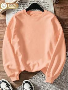 Women's Casual Peach Long Sleeve Pullover Sweatshirt Round Neck Drop Shoulder Rib-Knit Top For Daily Wear Fall & Winter  Outfits,Y2k Streetwear - Hami Melon Orange - View 3
