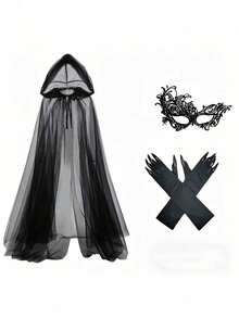 4-Piece Halloween Witch Costume Set With Cape, Gown, Gothic Gloves, Headpiece, Mask And Gloves, Suitable For Party, Cosplay, Role Play - Multicolor - View 14