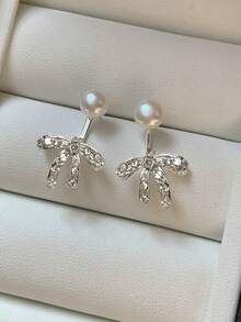 Pendientes de botón con diseño de lazo dulce vintage y perlas falsas, elegantes pendientes de estilo francés para mujeres - pendientes - Ver 6