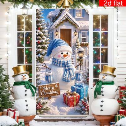 1pc Christmas Happy Party Banner, Polyester, Winter Snowscape Blue And White Stripes Scarf With Snowman Design, Suitable For Christmas Party Decoration, Party Decoration, Porch Decoration, Etc.