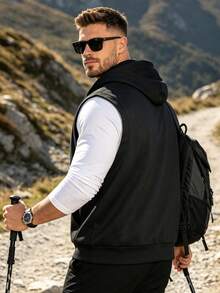 Men's Casual Vest, Solid Color Zipper Hooded Jacket, Lightweight Versatile Minimalist Vest, Spring/Summer Black - Black - View 4