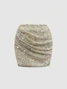 Unadoll Women's Autumn Beige Sequin Mini Skirt, Elegant High Waist Ruched Bodycon Skirt, Suitable For Parties, Date Nights And Back To School Season - Apricot - View 3