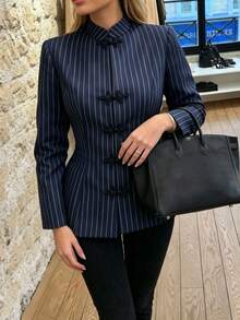Daily Striped Stand Collar Frog Button Waist-Cinching Fishtail Commuter Short Jacket - Navy Blue - View 5