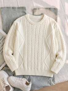 Boys' College Style Solid Color Cable Knit Long Sleeve Pullover Sweater, Suitable For School Daily Wear In Spring, Autumn And Winter - Camel - View 3
