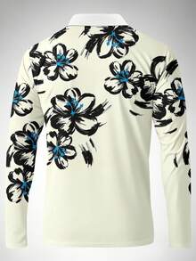 Men's Light-Colored Ink Wash Floral Print Vacation Style Long Sleeve Polo Shirt - Multicolor - View 5