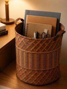 2D Flat Print Brown Tone Colorblock Woven Rattan Texture Foldable Laundry Basket, With Laundry Clips, Household Clothing Storage Bin, Breathable Fabric Dirty Clothes Basket, Bedding Clips, Suitable For Bathroom And Bedroom - Multicolor - View 2