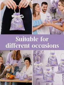 Purple Satin Drawstring Gift Bag, Printed Pattern, Transparent Organza Bow, Pearl Decoration, Twisted Rope Handle, Elegant Reusable Party Favor Bag, Suitable For Wedding Reception, Bridal Shower, Birthday Party, Anniversary, Gift Wrapping And Event Table Decor - Multicolor - View 8