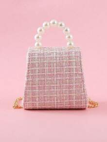 1 buah Tas Tangan Anak-anak dengan Hiasan Pita Mutiara, Bahan PU Motif Garis Warna Polos, Penutup Lipat, Tas Selempang Rantai Modis untuk Anak Perempuan, Cocok untuk Hadiah Liburan dan Kegiatan Sehari-hari - berwarna merah muda - View 4