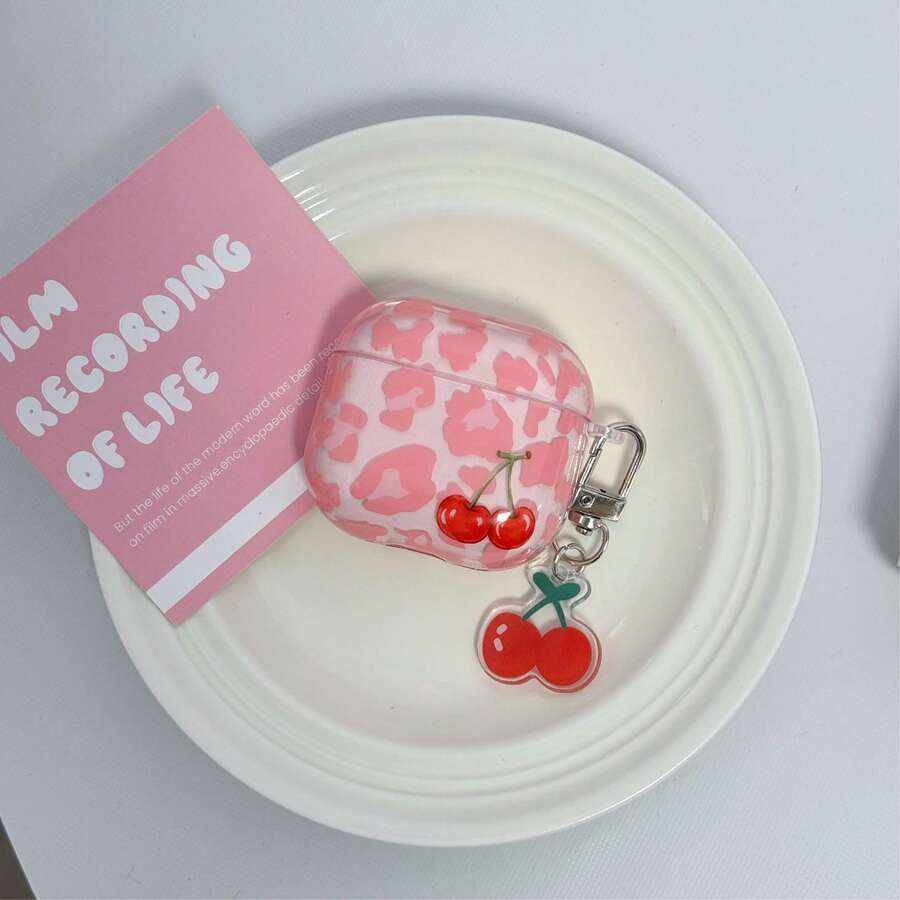 Girl High Transparency Pink Leopard Print Cherry Anti-Drop Earphone Case + Cherry Keychain Pendant Suitable For Apple Airpods4/Pro/Pro2/Pro3 Wireless Bluetooth Earphone Protective Cover - Leopard Print Cherry - View 1