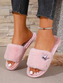 Women's Light Pink Plush Slippers, Small Crown Pattern Decor Open Toe Fuzzy House Slippers, Comfortable Indoor Outdoor Warm Flat Shoes - Pink - View 2