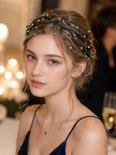 2pcs Vintage Elegant Black Tulle Multi-Layer Beaded Twisted Headband, Wedding Accessory, Bohemian Dark Castle Style Bridal Headpiece