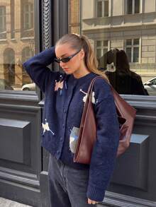 Women's Navy Blue Pom Pom Bow Knit Cardigan, Button Front Sweater Jacket, Suitable For Coffee Date, Autumn/Winter, Halloween, Thanksgiving, Christmas - Navy Blue - View 2