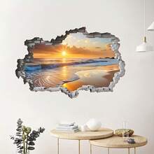 1PC 2D Realistic Broken Wall Beach Sunset Wall Sticker, Living Room Bedroom Ocean Landscape Self-Adhesive Decorative Decal - Multicolor - View 4