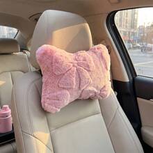 1pc Soft Skin-Friendly Plush Bow Car Headrest Neck Pillow, Premium Fabric, Comfortable Support Pillow For Driver And Passenger - A - View 3