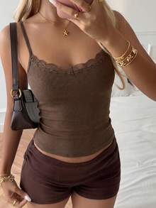 NOIRLYN Women's Tank Top Spring Summer Y2K Sexy Slim Fit Lace Patchwork Camisole Brown Casual - Brown - View 4