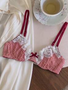 Vintage Gingham Plaid Lace Bow Lingerie Set, Womean Bra & Thong 2‑Piece Set - Red - View 6