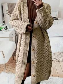Plus Size Women Casual Solid Color Knitted Cardigan, Winter Fall - Khaki - View 1