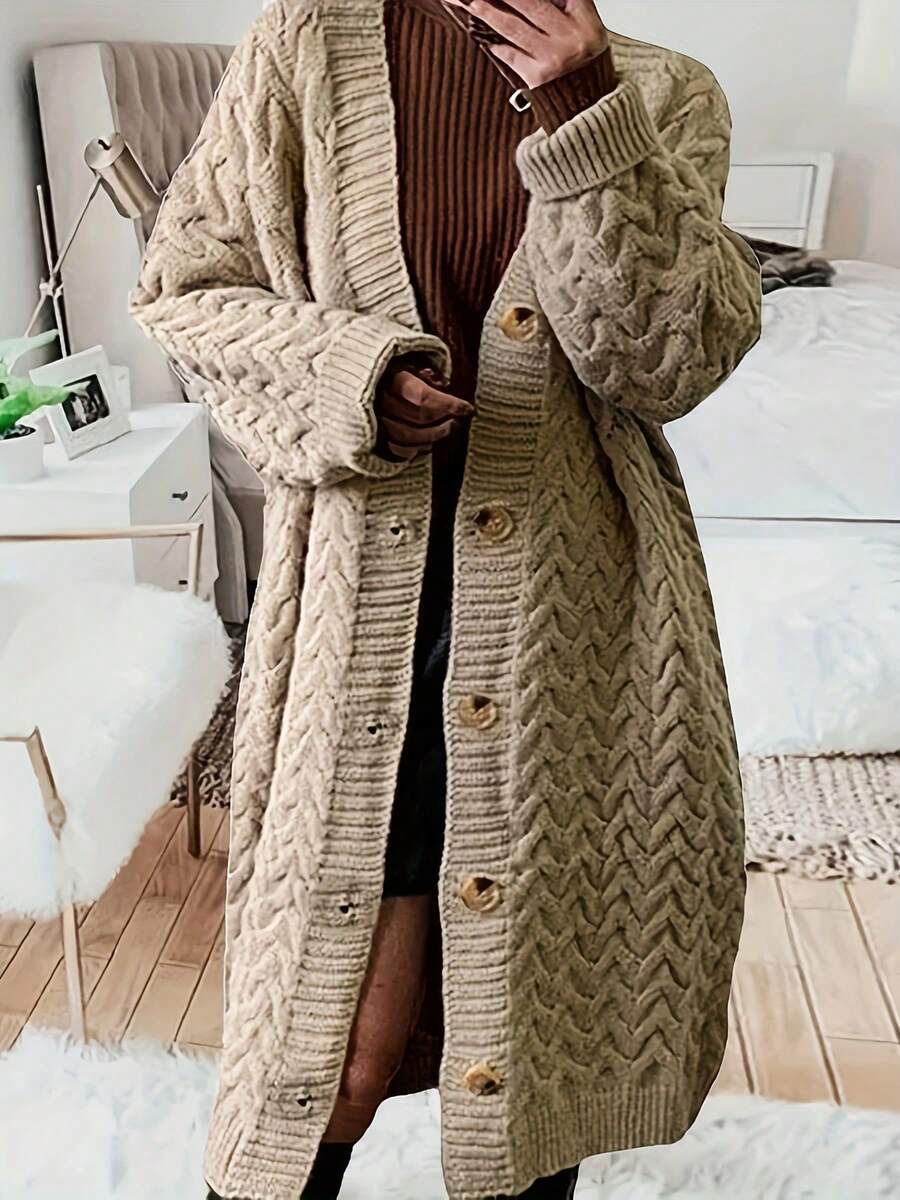 Plus Size Women Casual Solid Color Knitted Cardigan, Winter Fall - Khaki - View 1