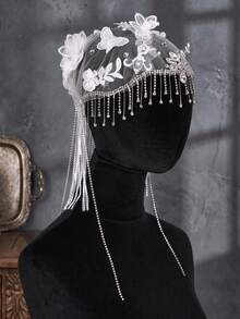 European Vintage Mesh Bridal Headpiece, Long Draping Rhinestone Chain Tassel, Handmade Flower & Pearl Bridal Accessory - Multicolor - View 7