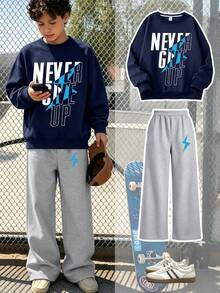 2pcs Boys Outfit Set, Crew Neck Letter & Lightning Print Sweatshirt With Casual Wide Leg Pants, Comfortable Autumn/Winter New Arrival - Navy Blue - View 1