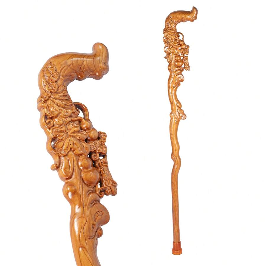 Handcrafted Wooden Phoenix Walking Cane, Carved Flower Wizard Staff With Tip Base, Fantasy Cosplay Prop For Halloween Costume, Renaissance Fair - Yellow - View 1