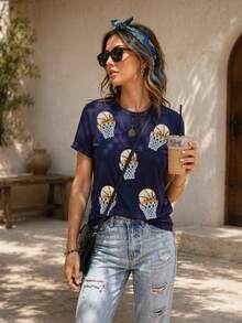 Women's Spring Sequin Basketball Graphic Holiday Short Sleeve T-Shirt - Blue - View 3