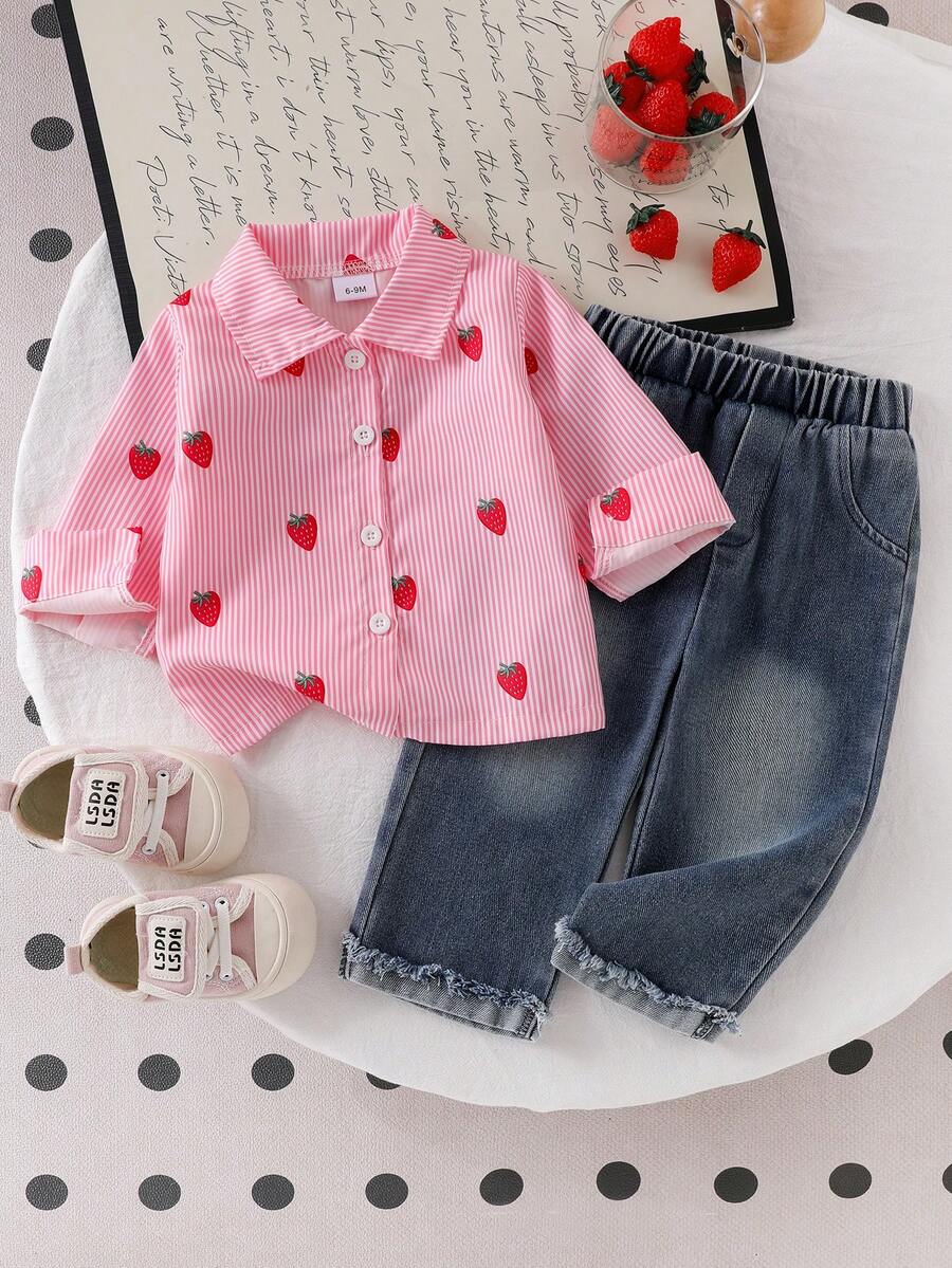 Baby Girl Spring/Autumn Strawberry Theme 2pcs Outfit Set, Pink & White Striped Long Sleeve Collared Single-Breasted Strawberry Print Shirt + Washed Gradient Frayed Hem Straight Leg Denim Jeans, Casual Outing Set - Pink - View 1